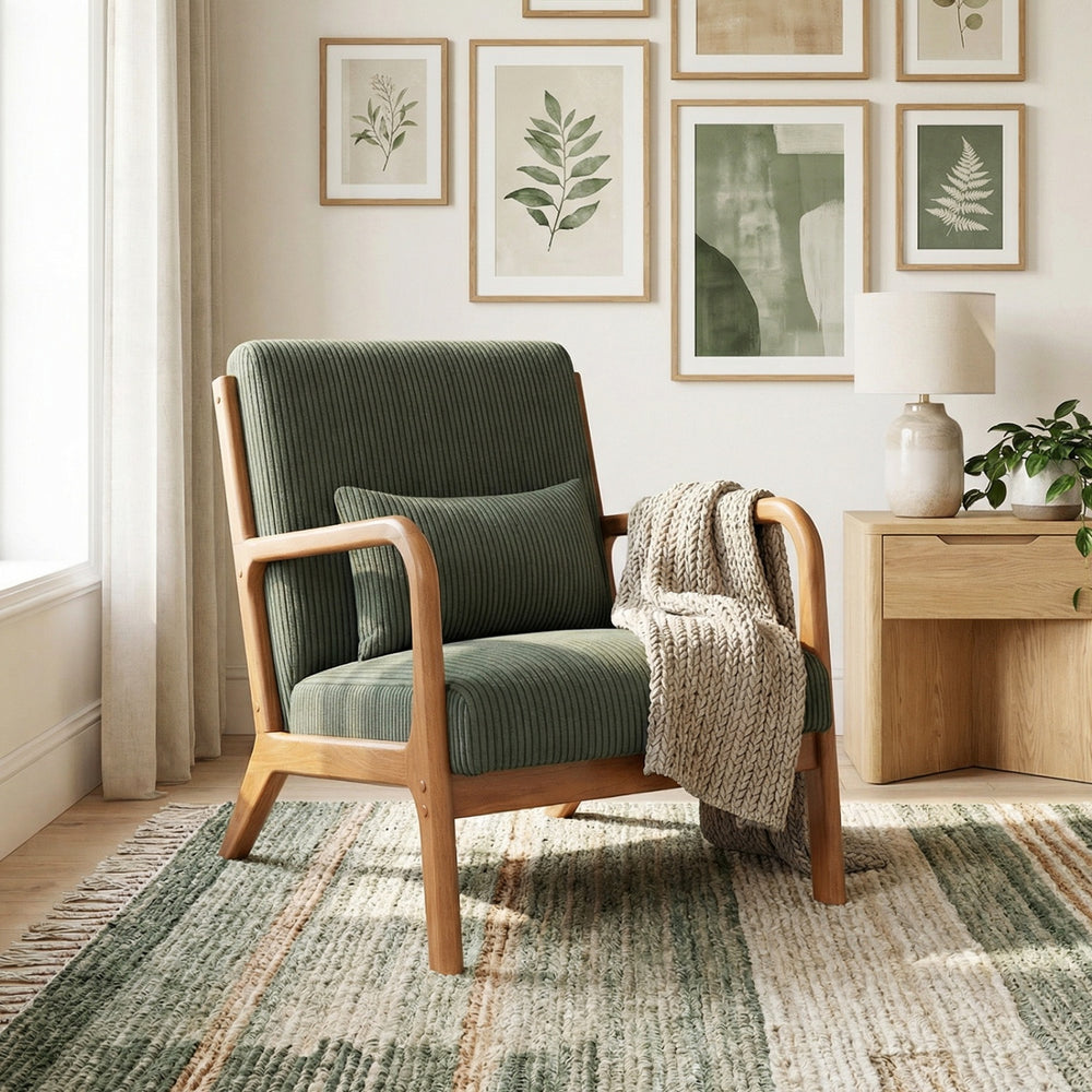 Accent Chair Corduroy Upholstered Lounge Chair with Lumbar Pillow-Green - Gallery View 1 of 9