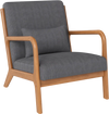Accent chair with gray corduroy upholstery, solid wood frame, and lumbar pillow for ergonomic support in any room.