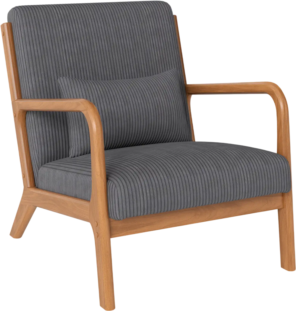 Accent chair with gray corduroy upholstery, solid wood frame, and lumbar pillow for ergonomic support in any room.
