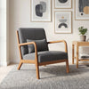 Gray corduroy accent chair with lumbar pillow, solid wood frame, perfect for living rooms and home offices.