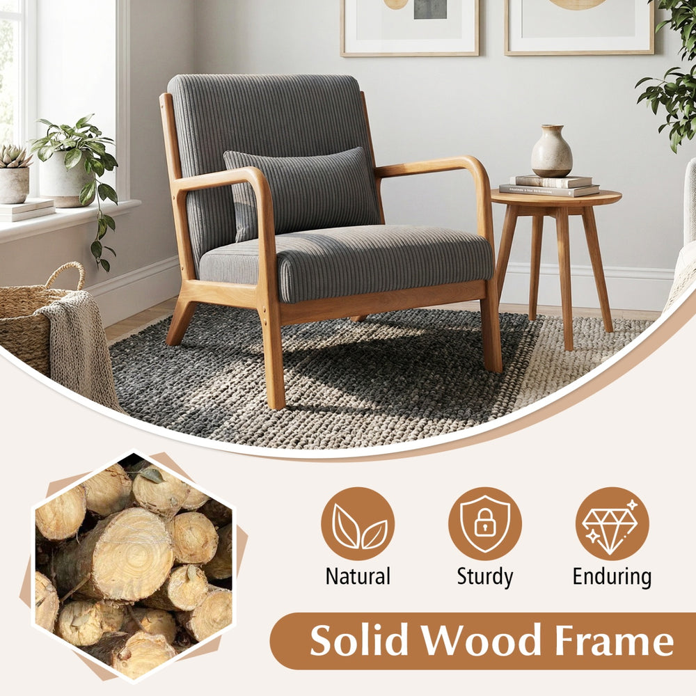 Accent chair with gray corduroy upholstery and solid wood frame, designed for comfort and support in living spaces.