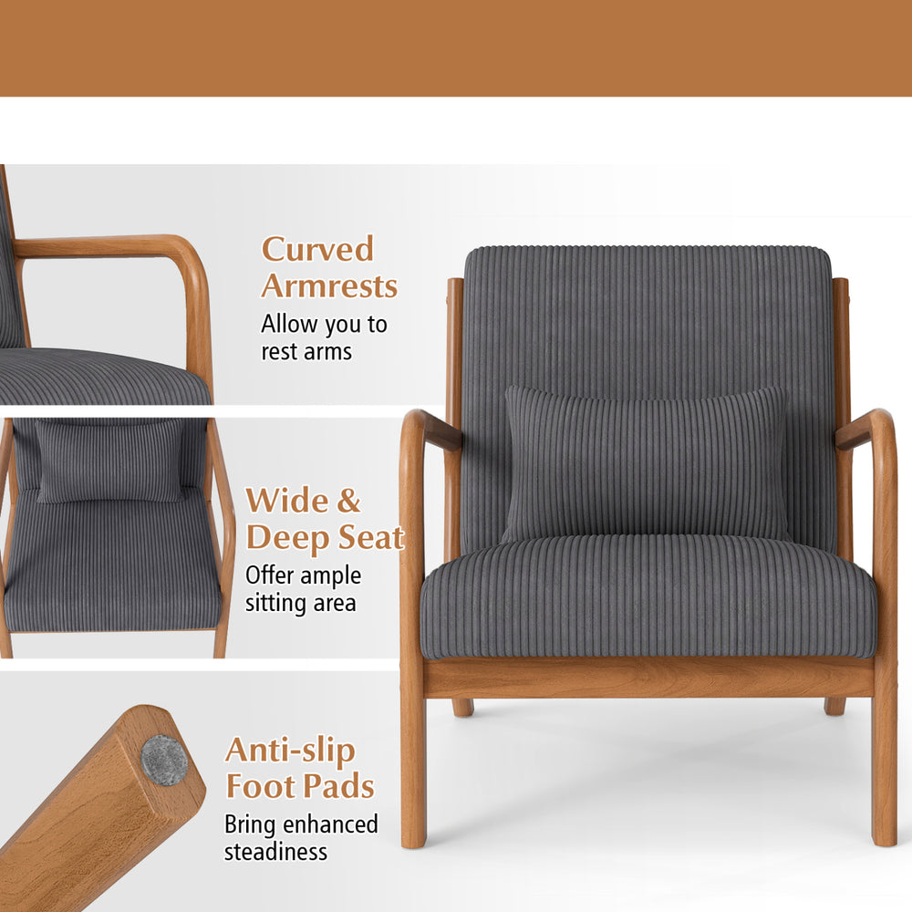 Accent chair with gray corduroy upholstery, curved armrests, and lumbar pillow for ergonomic comfort in any room.