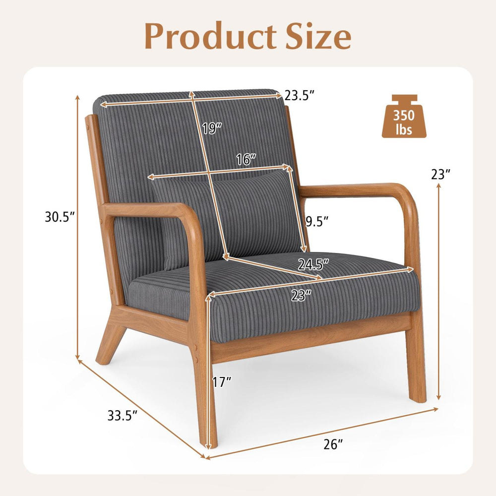 Accent chair with corduroy upholstery, lumbar pillow, and solid wood frame, designed for comfort and support in any.