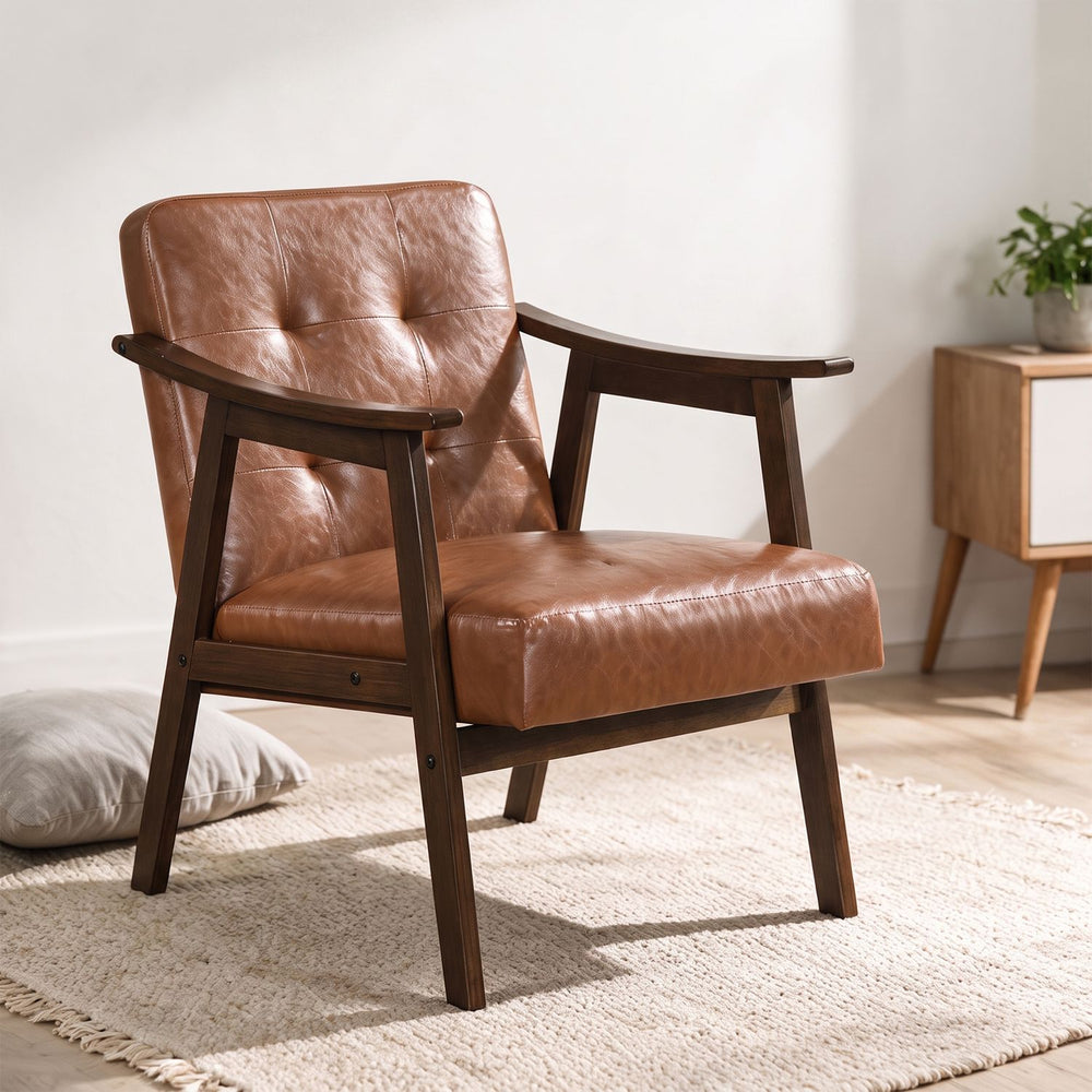 Accent Chair with Inclined Backrest Faux Leather and Soft Cushion for Living Room-Walnut - Gallery View 1 of 7