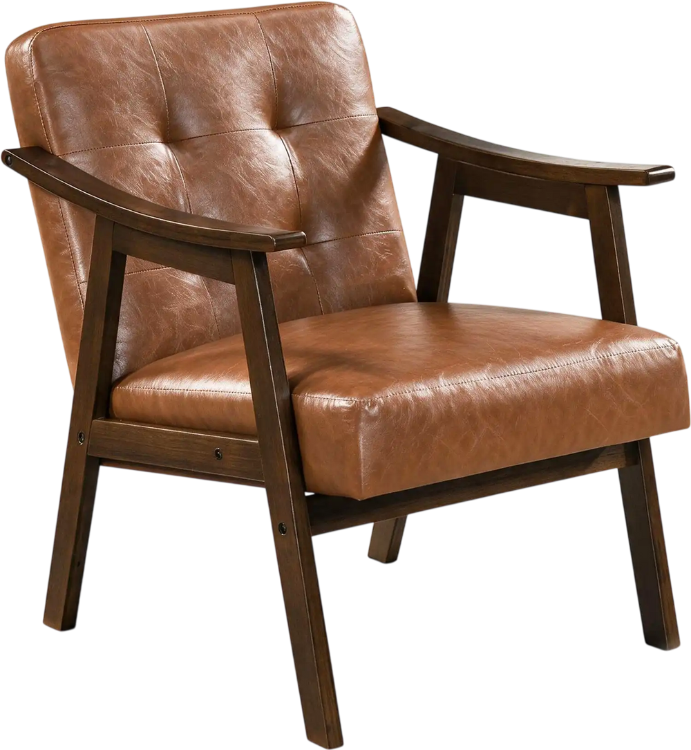 Accent chair with inclined backrest in faux leather, walnut finish, offering ergonomic support for living rooms or offices.