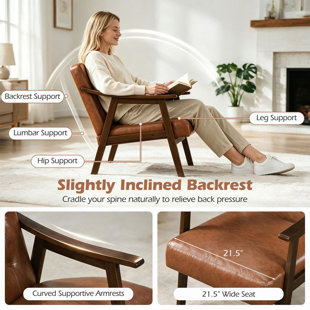 Accent chair with inclined backrest in walnut finish, featuring faux leather, curved armrests, and a 21.5" wide seat for comfort.