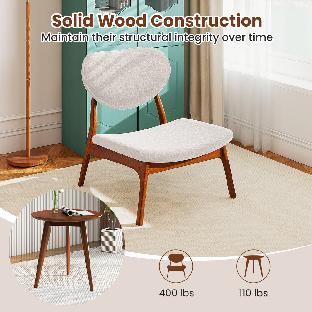 Accent chair with solid wood frame and beige lamb velvet fabric, designed for comfort and support in living spaces.