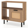 Accent side end table in natural finish with PE rattan cabinet, open shelves, and robust metal legs for small spaces.