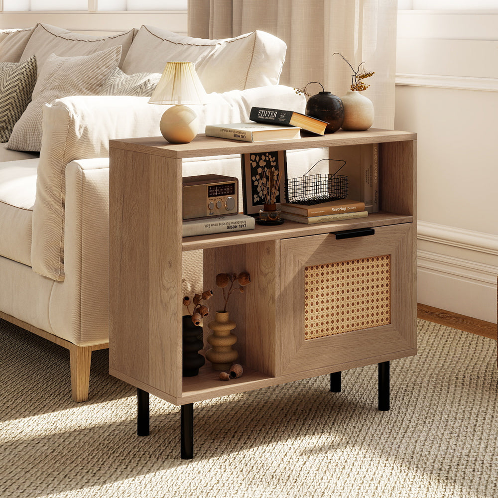 Accent side end table with natural finish, featuring PE rattan cabinet and metal legs, perfect for small spaces.