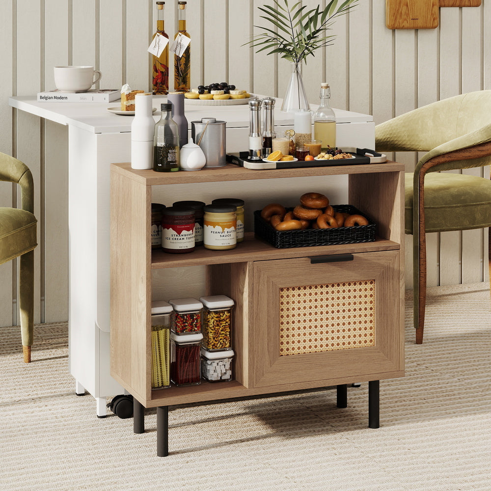 Accent side end table with natural wood finish, PE rattan surface, and storage compartments for small spaces.