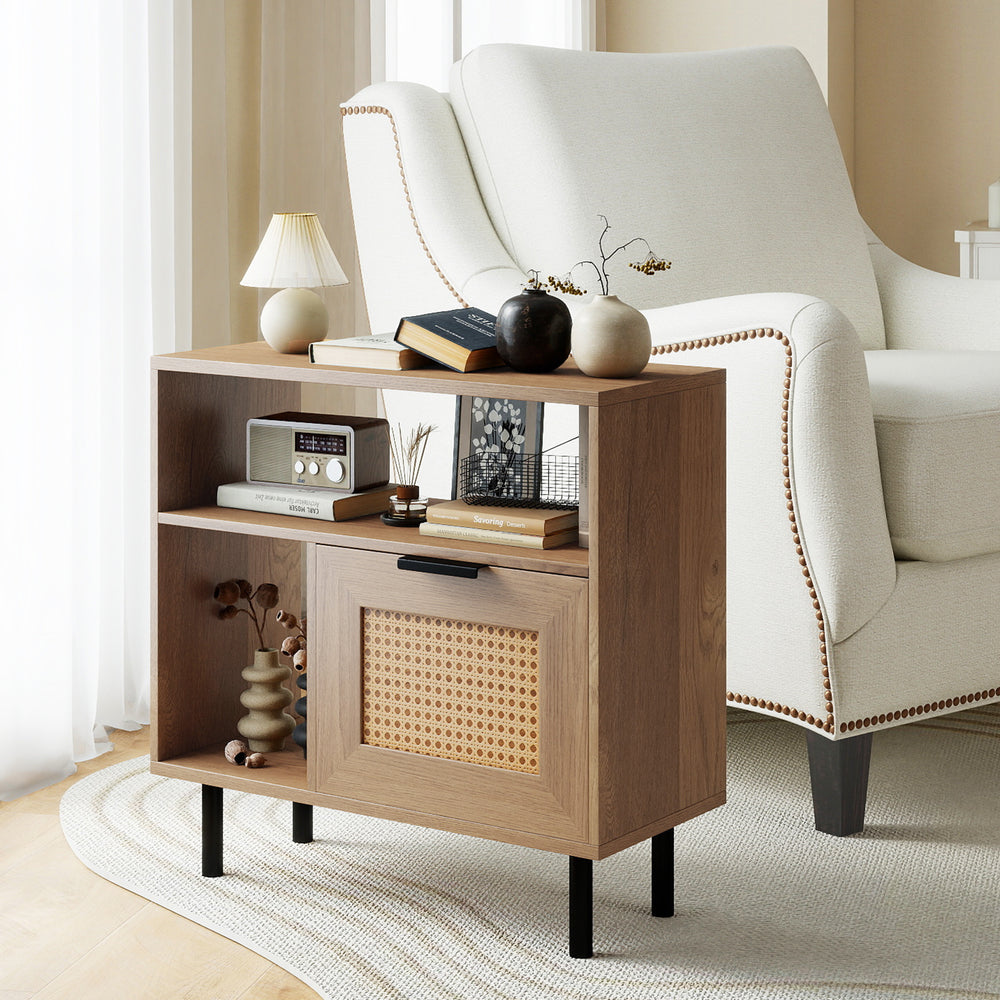 Accent side end table with natural wood finish, PE rattan cabinet, and metal legs, perfect for small spaces.