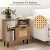 Accent side end table with natural PE rattan surface, storage cabinet, and metal legs for small space convenience.