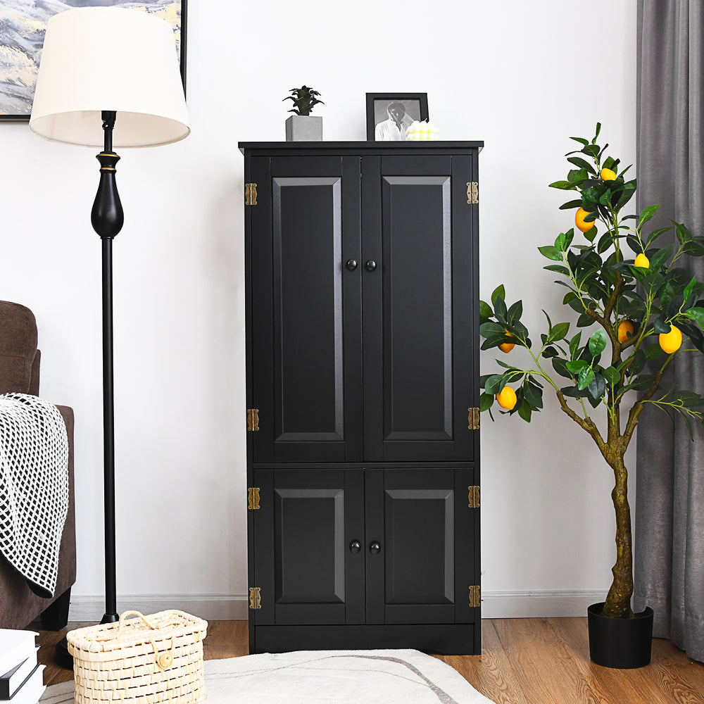 Black accent storage cabinet with antique finish, featuring adjustable shelves and two doors for functional storage.