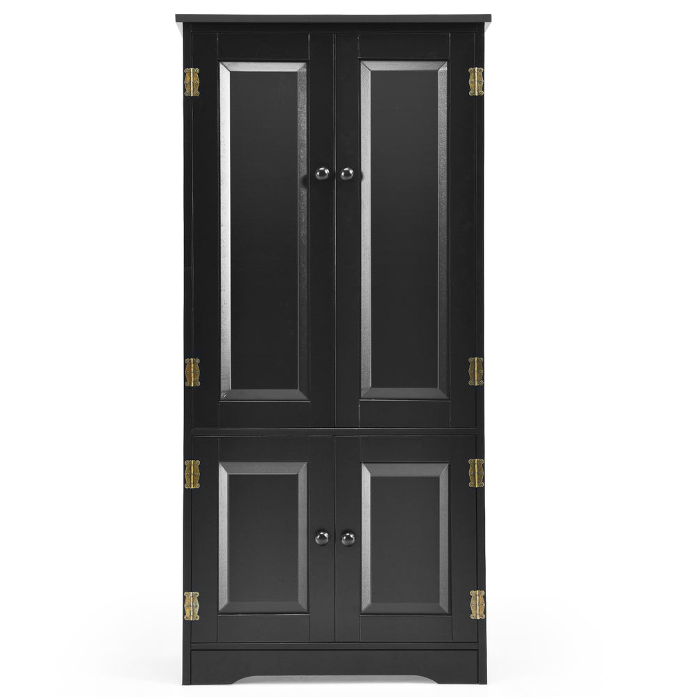 Front view of the black accent storage cabinet with antique finish, highlighting its elegant design and spacious.