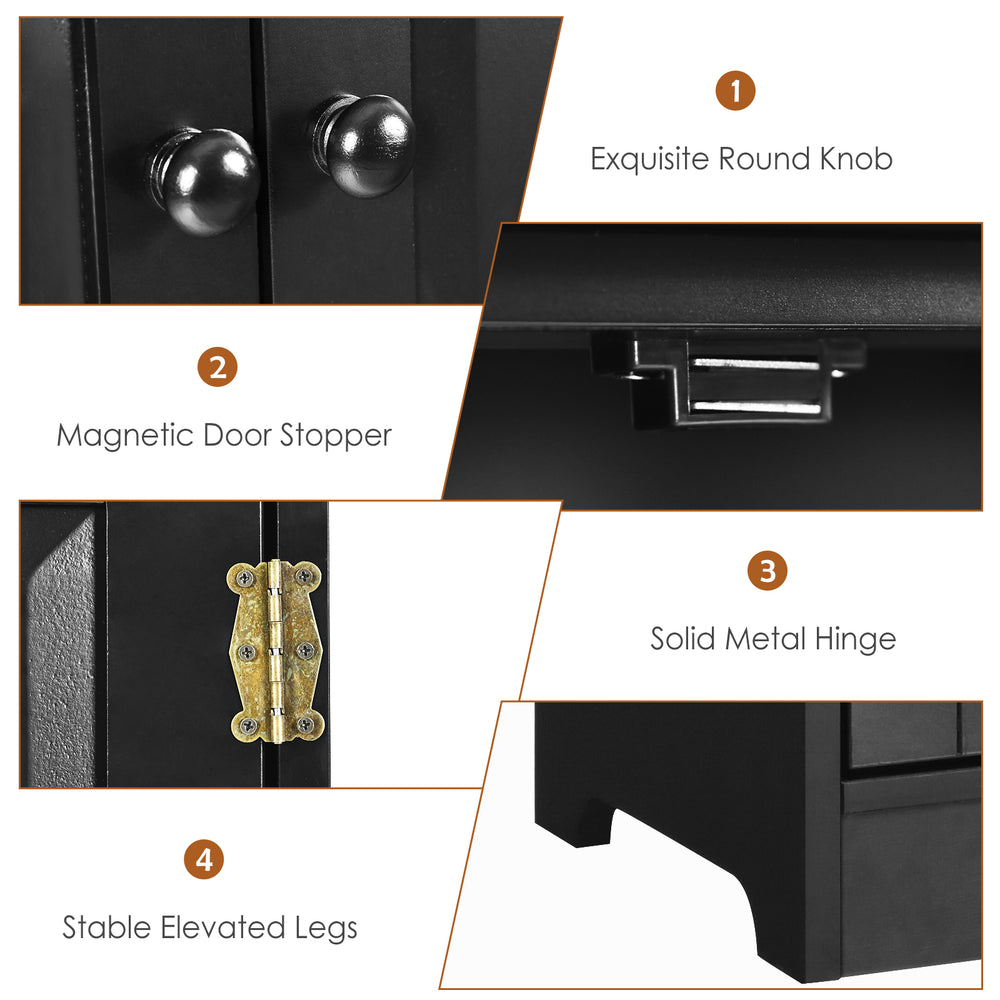 Close-up of the antique black accent storage cabinet showcasing the exquisite round knob and solid metal hinge details.
