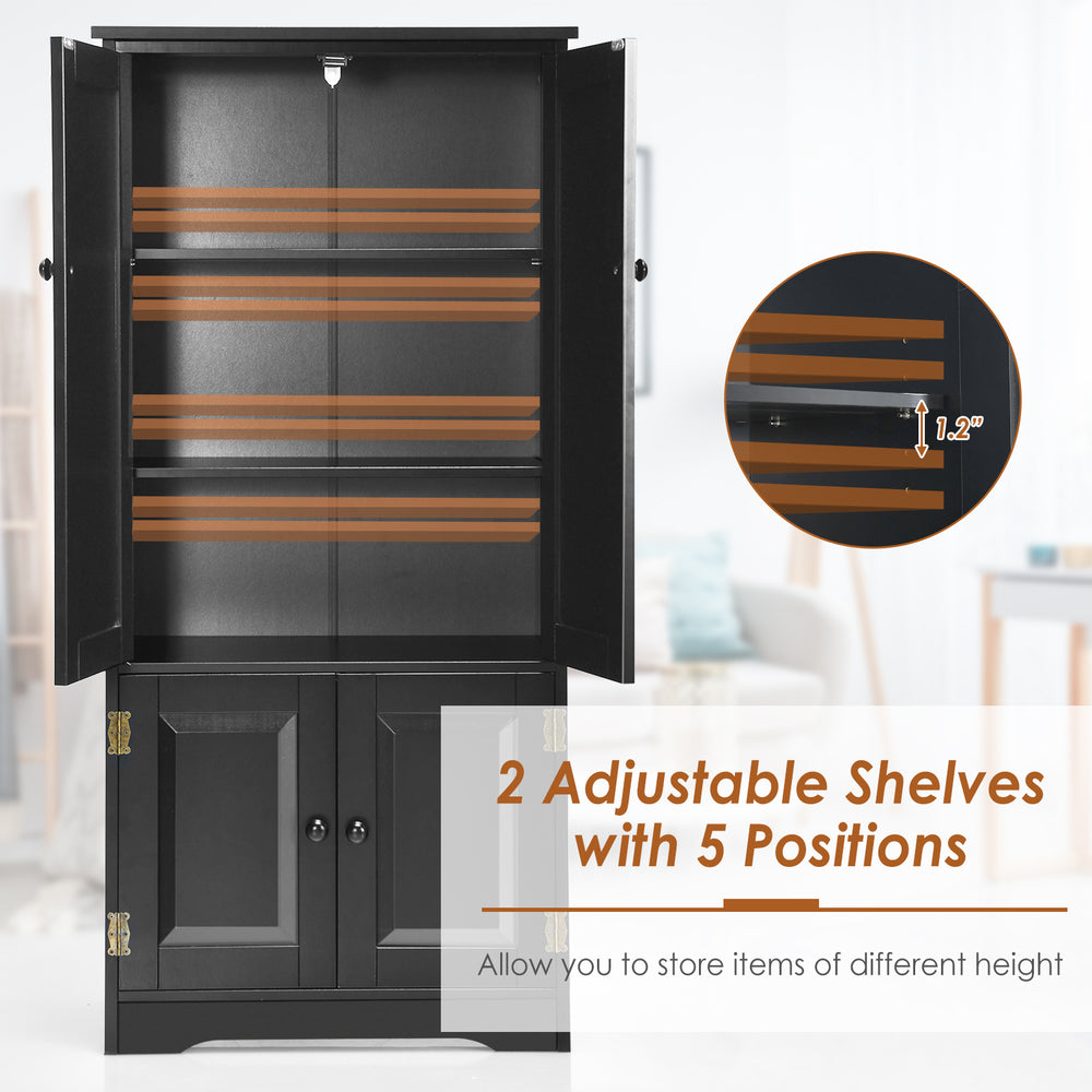 Accent storage cabinet in black with 2 adjustable shelves, featuring 5 positions for versatile storage solutions.