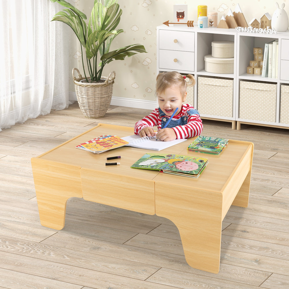 Kids' wooden train set table with reversible tabletop, spacious surface, and large storage drawer for play and.