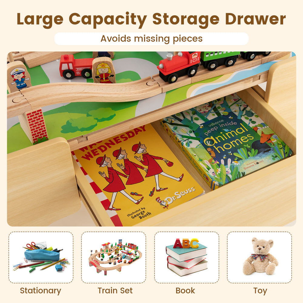 Large capacity storage drawer of the 84-piece wooden train set, ideal for organizing toys, books, and stationery.