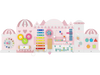 Wooden pink activity wall busy board for toddlers featuring xylophone, clock, abacus, and various sensory activities.