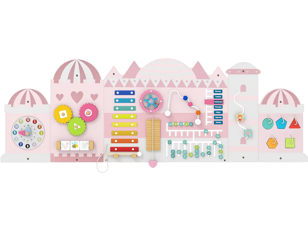 Wooden pink activity wall busy board for toddlers featuring xylophone, clock, abacus, and various sensory activities.