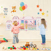 Wooden pink activity wall busy board for toddlers featuring xylophone, clock, and abacus for sensory play and learning.