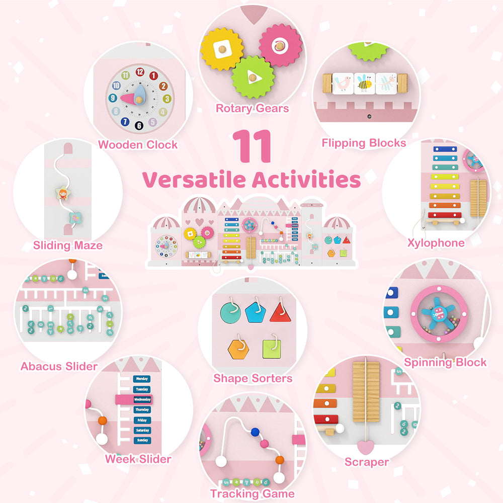 Activity wall busy board featuring 11 activities including a xylophone, clock, and sliding maze for toddlers' sensory.
