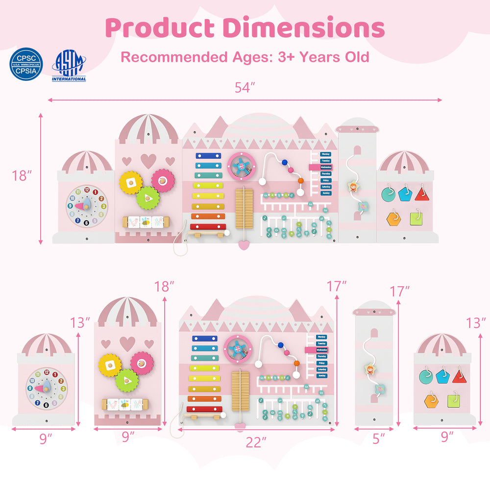 Activity wall busy board panels in pink featuring 11 activities for toddlers, promoting learning and fine motor skills.