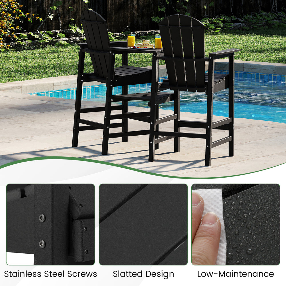 Bar height Adirondack chair set in black with slatted design, ideal for poolside relaxation and outdoor gatherings.
