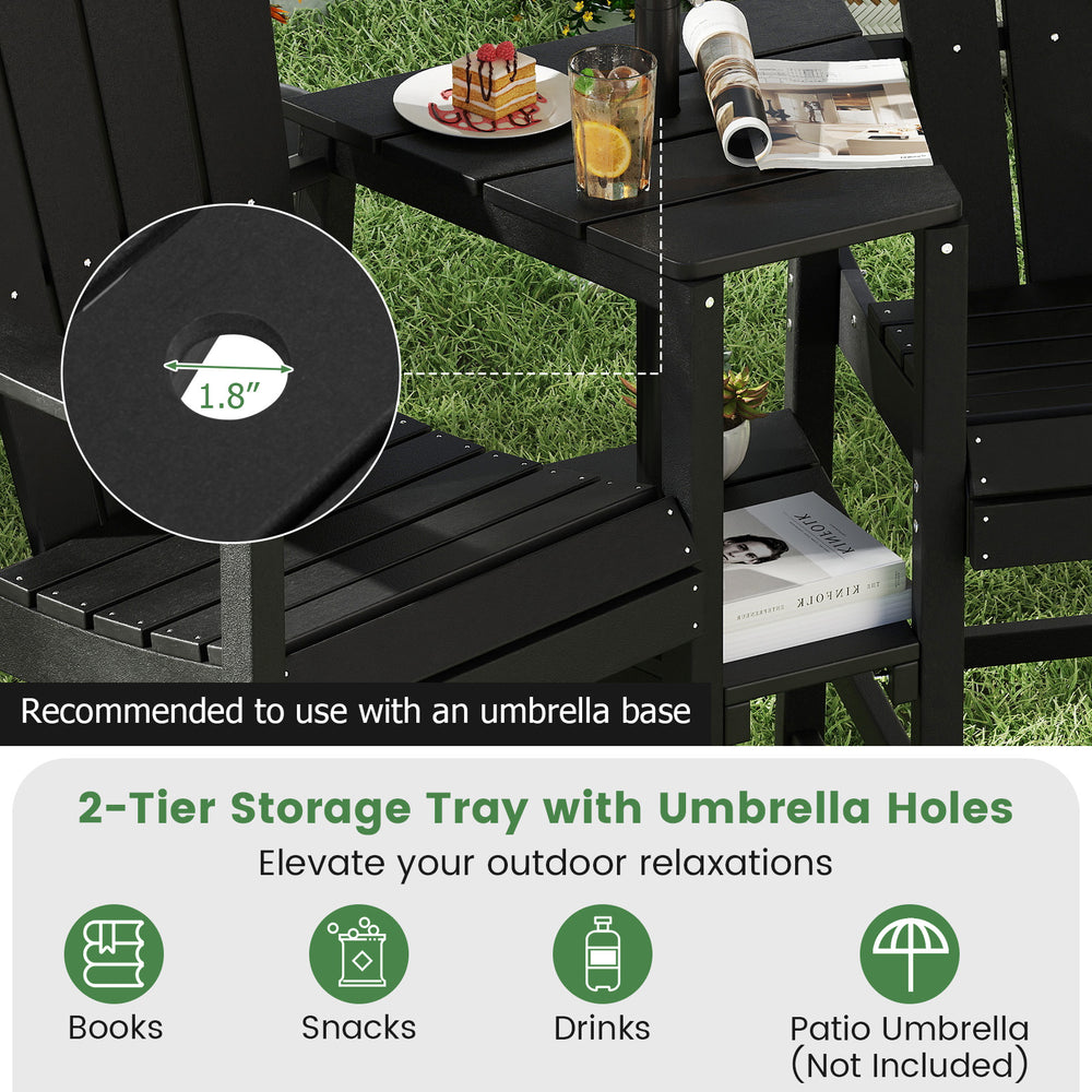 2-tier storage tray of the black Adirondack chair with umbrella holes, ideal for drinks and snacks during outdoor.