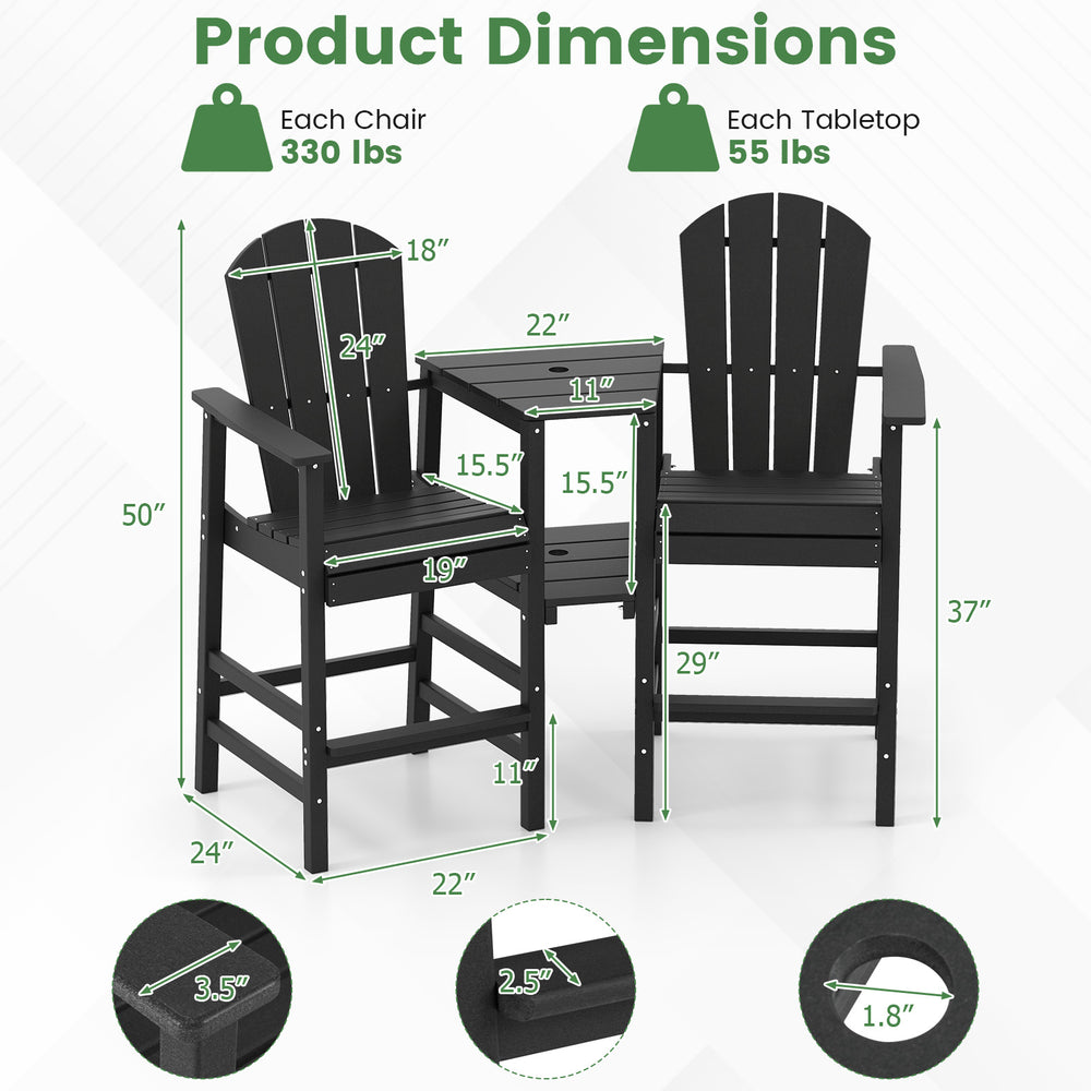 Adirondack chair set with double tray in black, featuring weatherproof HDPE, for poolside or patio use.