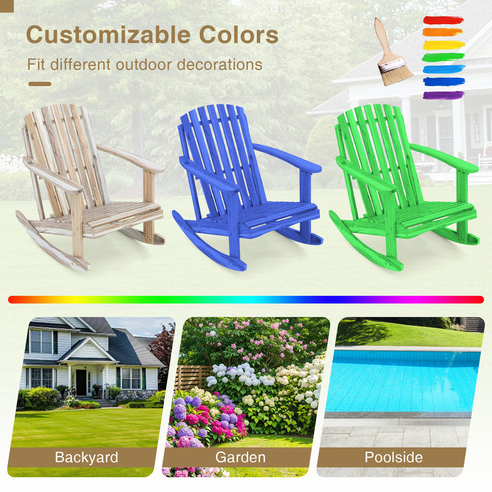Adirondack rocking chair in natural acacia wood with slatted seat, perfect for backyard, garden, or poolside relaxation.