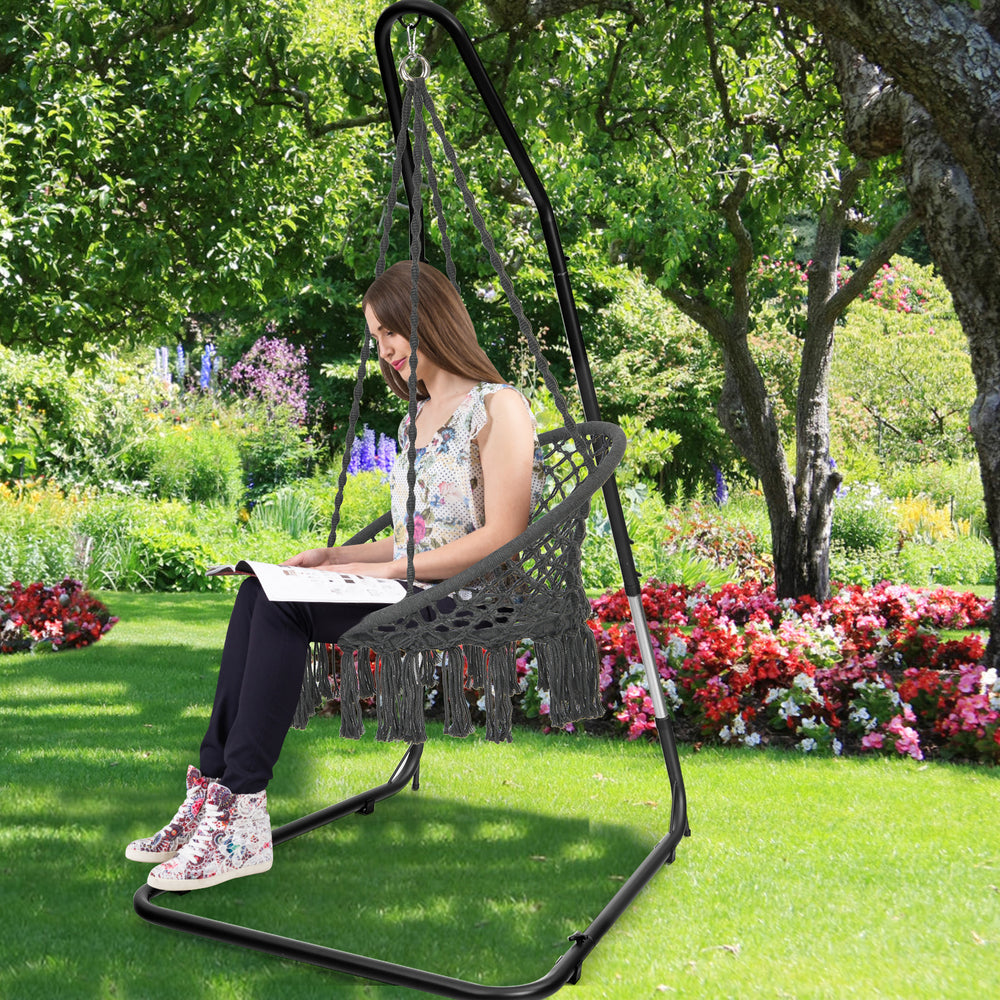 Adjustable hammock chair stand with a sturdy steel frame, height-adjustable for comfortable indoor or outdoor use.