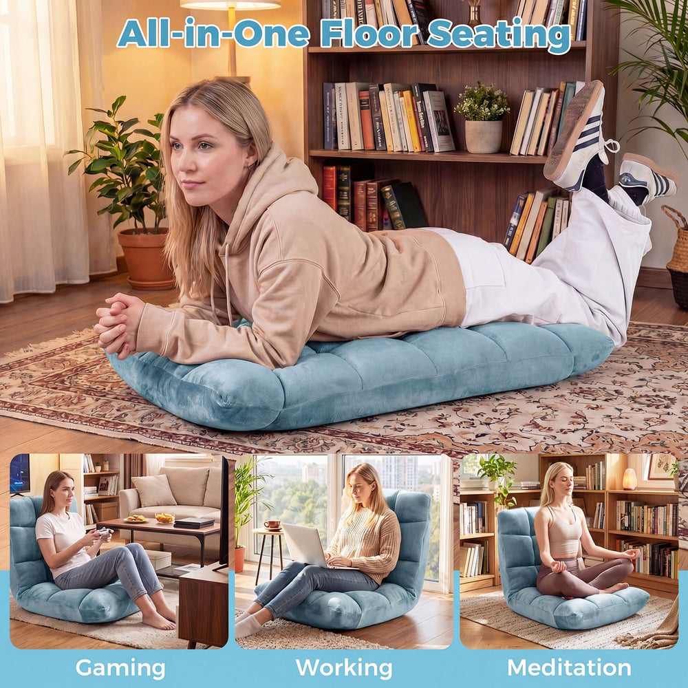 Adjustable floor chair in light green with soft flannel cover, perfect for gaming, working, and meditation.