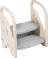 Adjustable 2-step kids helper stool in gray with safety handles and non-slip pads for safe climbing and reaching.
