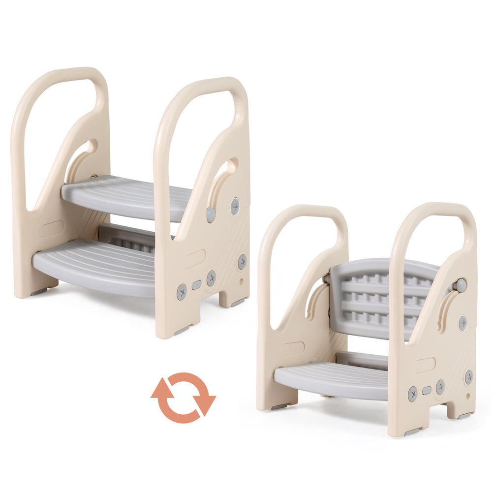 Adjustable 2-step kids helper stool in gray with safety handles, non-slip pads, and convertible design for various uses.