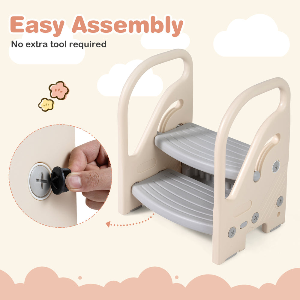 Adjustable 2-step kids helper stool in gray with safety handles, non-slip pads, and easy assembly for various uses.