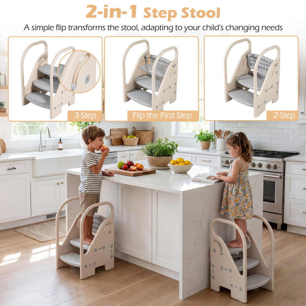 Adjustable 3-step helper stool in gray with safety handles, ideal for kids' activities in the kitchen or bathroom.