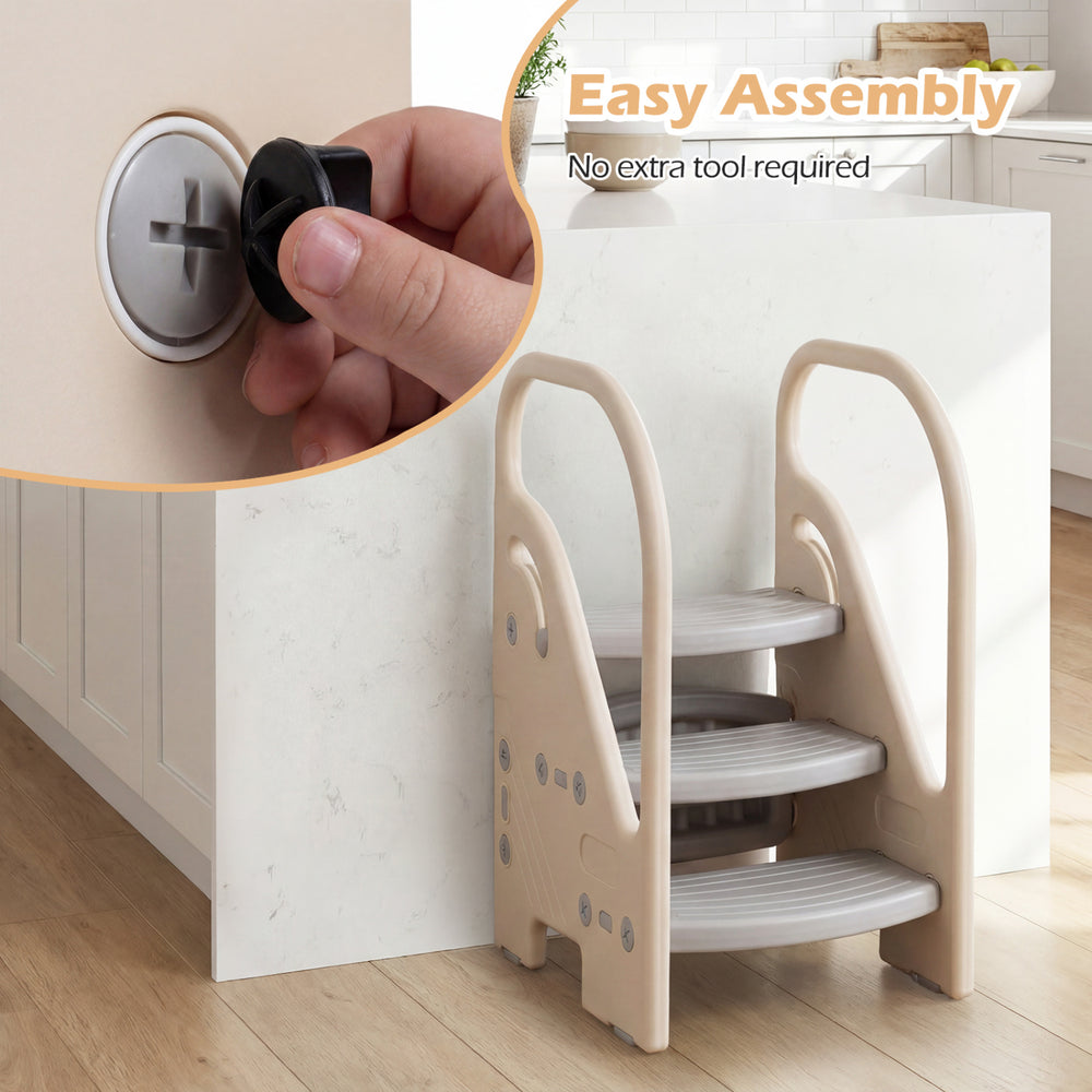 Adjustable 3-step helper stool in gray with safety handles, ideal for kids' activities and easy assembly without tools.