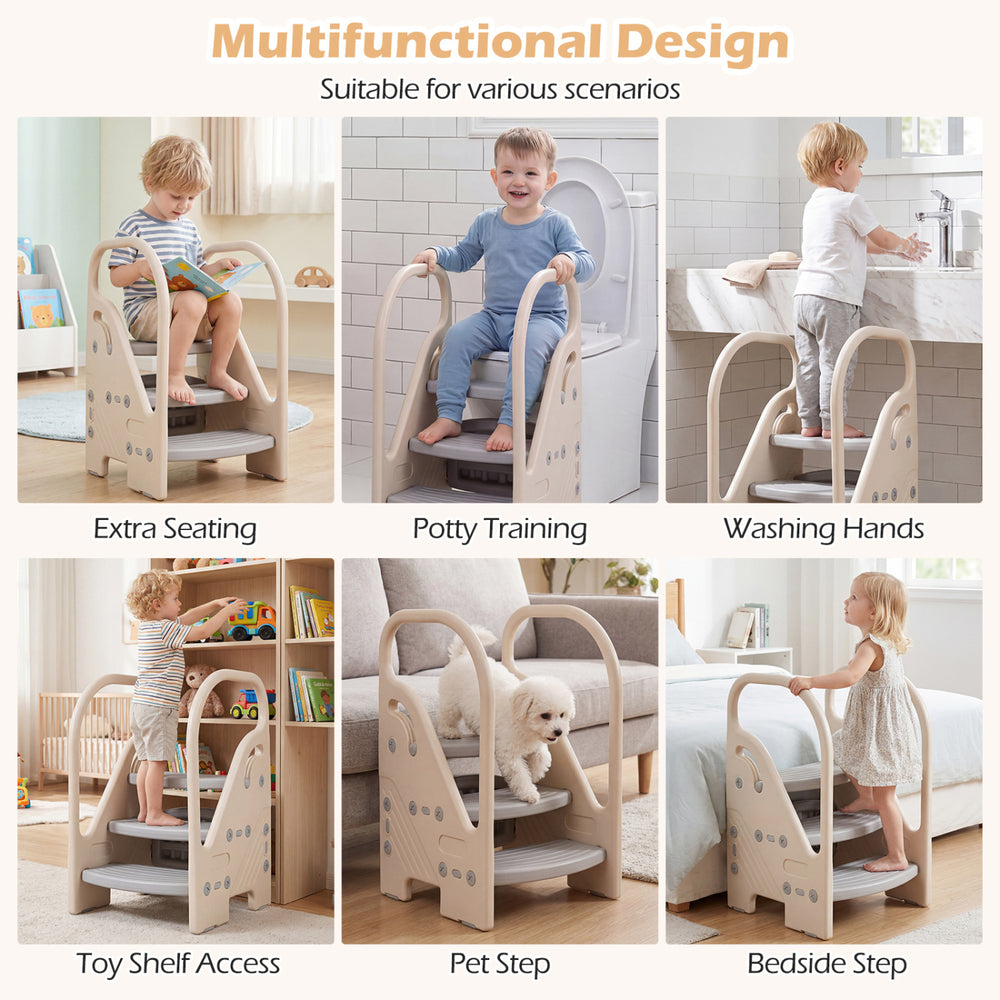 Adjustable 3-step helper stool in gray with safety handles, ideal for kids' potty training and washing hands.