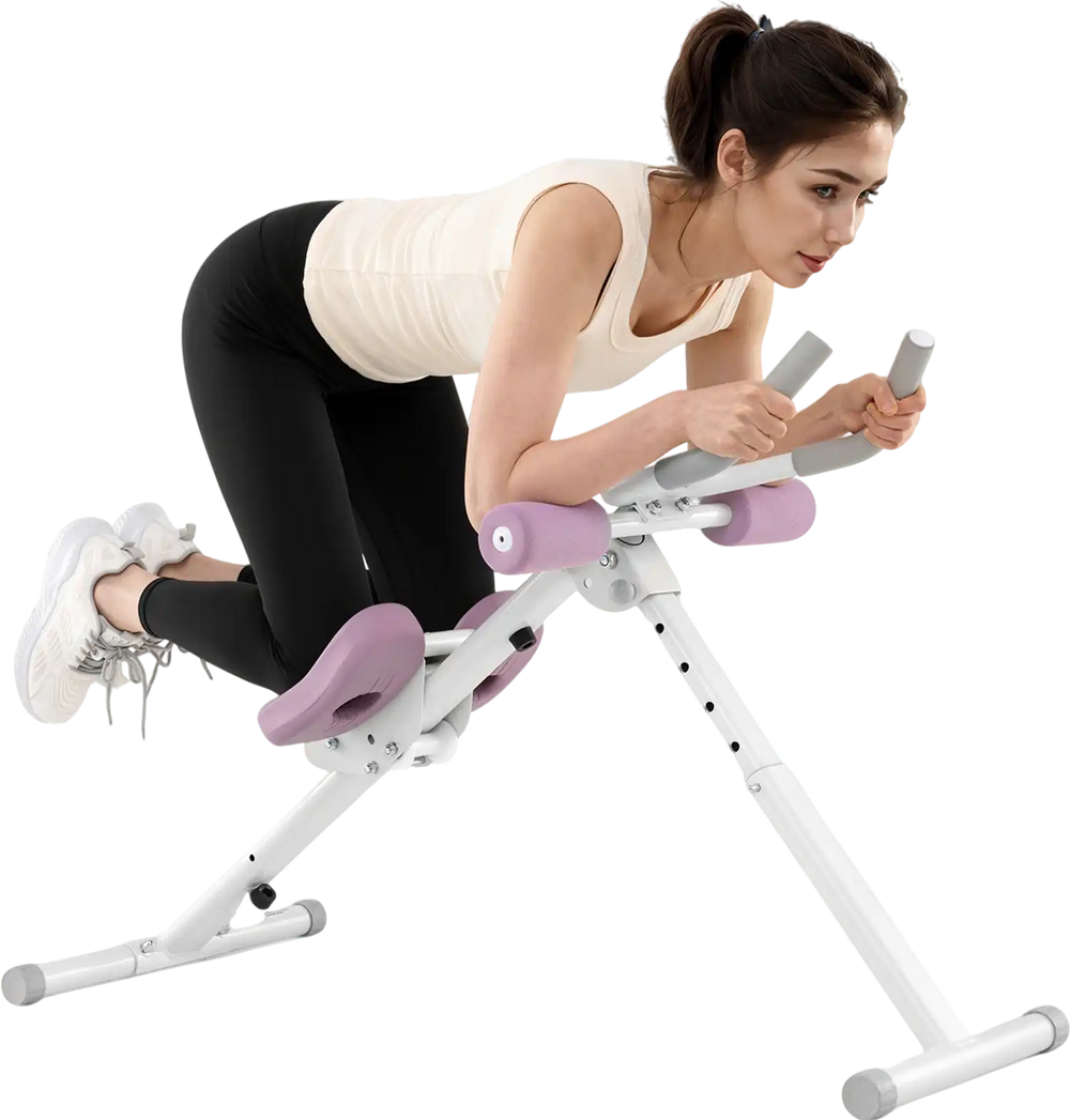 Adjustable abdominal trainer in white, featuring soft knee cushions and anti-slip handles for effective workouts at.