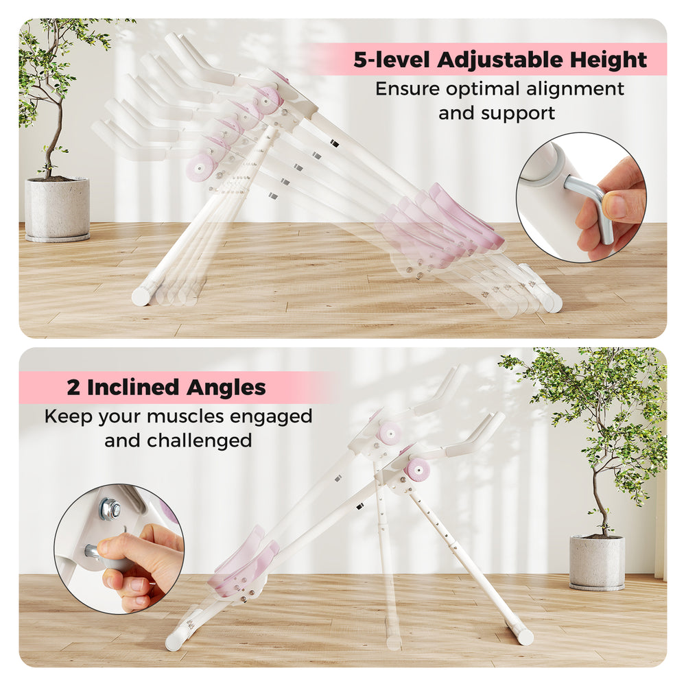 Adjustable abdominal trainer showing 5-level height adjustment and 2 inclined angles for optimal muscle engagement and.
