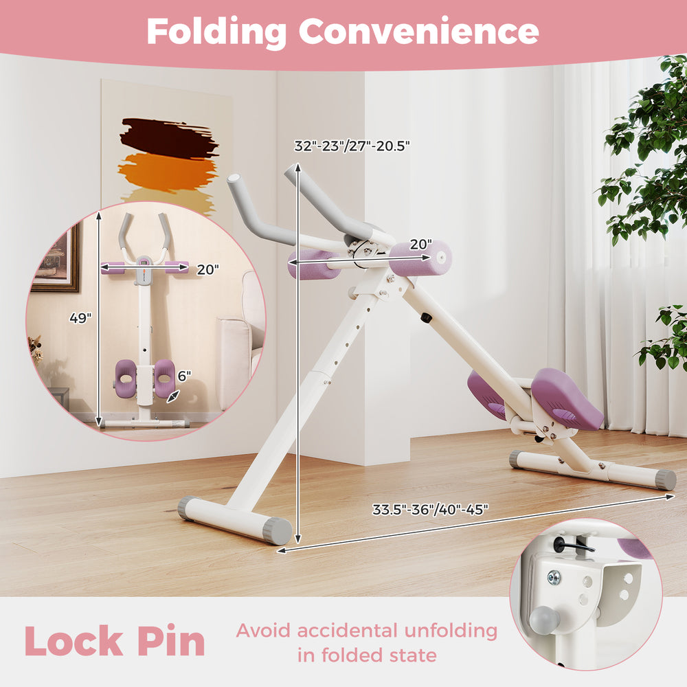 Adjustable abdominal trainer in white, featuring a foldable design, soft knee cushions, and anti-slip handles for.