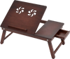 Adjustable bamboo laptop desk with tilting top, dual ventilation holes, and side storage drawer for versatile use.