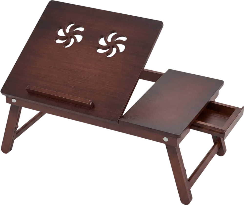 Adjustable bamboo laptop desk with tilting top, dual ventilation holes, and side storage drawer for versatile use.