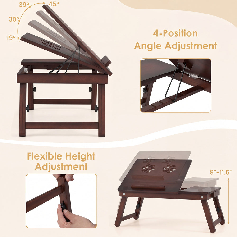 Adjustable bamboo laptop desk features a tilting top with 4-position angle adjustment and flexible height for versatile use.