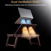 Adjustable bamboo laptop desk with dual ventilation holes and tilting top, perfect for studying and outdoor use.