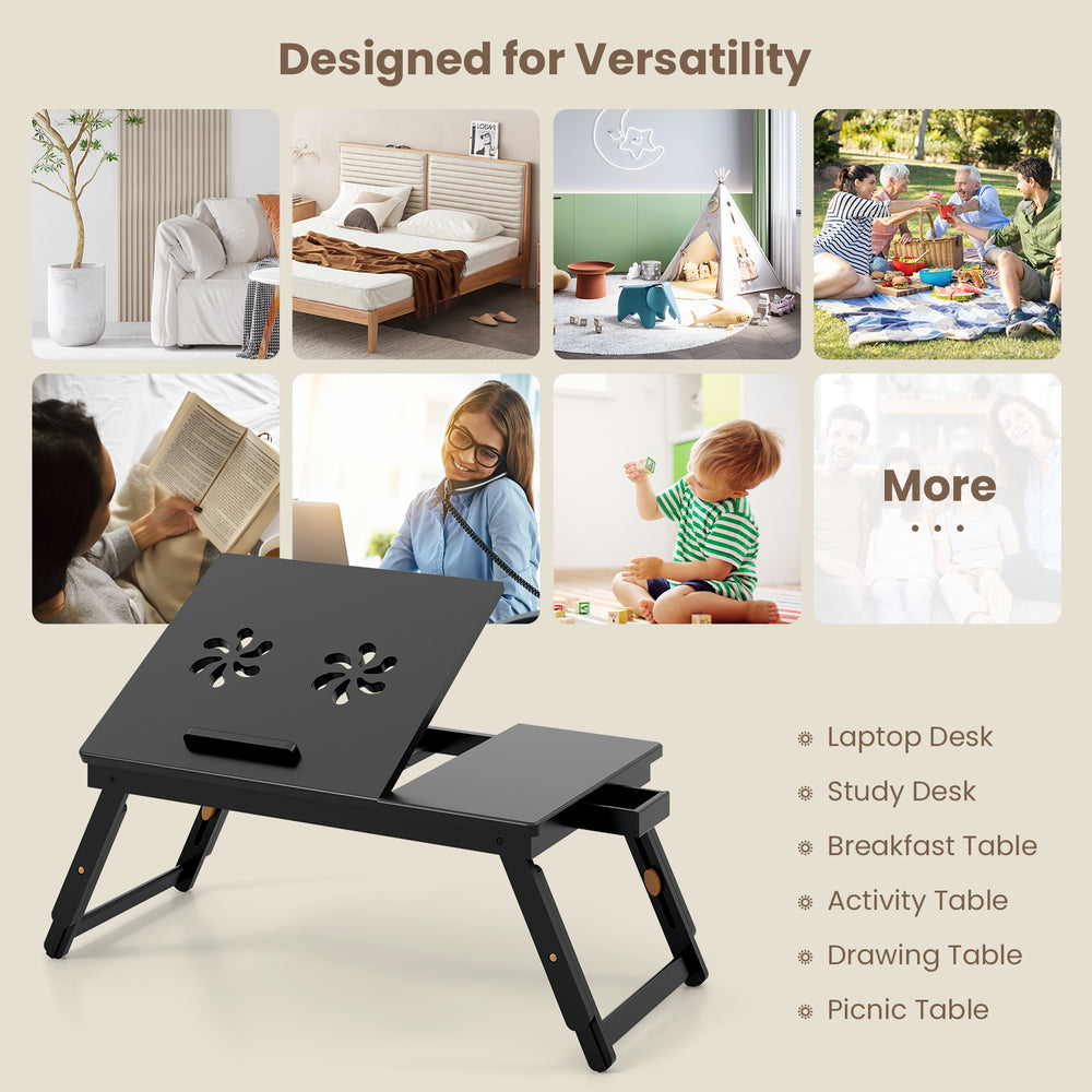 Adjustable bamboo laptop desk with tilting top, drawer, and fan-shaped design for versatile use in various settings.