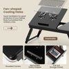 Adjustable bamboo laptop desk with tilting top, fan-shaped cooling holes, and pull-out drawer for convenient storage.