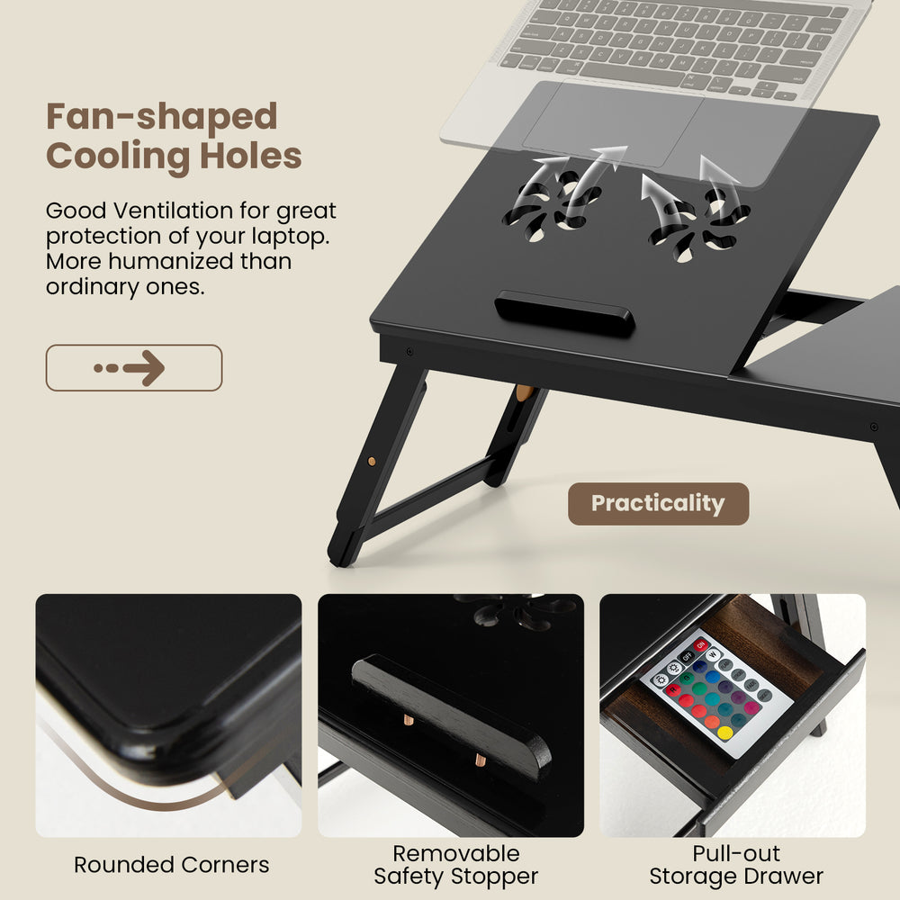 Adjustable bamboo laptop desk with tilting top, fan-shaped cooling holes, and pull-out drawer for convenient storage.