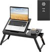 Adjustable bamboo laptop desk with tilting top, drawer, and fan-shaped design for optimal viewing and heat dissipation.